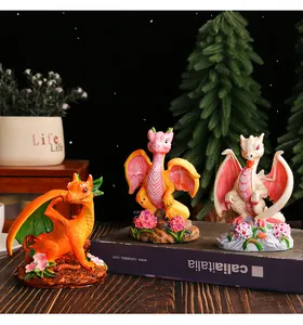 Set of three colorful resin dragon figurines for creative garden and home decor display