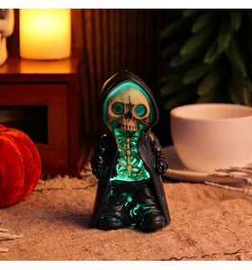 Halloween glowing skeleton reaper resin figurine with green LED light for holiday decor.