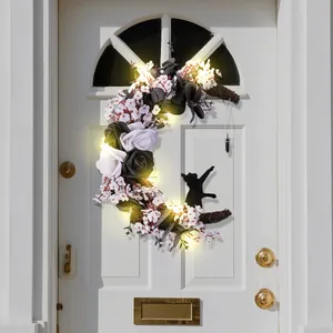 Halloween Moon Wreath With Black Cat LED Lights Artificial Black White Roses Gothic Door Hanging Ornament Festival Home Decor
