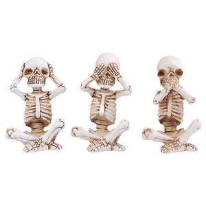 Set of three see hear speak no evil skeleton figurines for Halloween home decorations