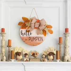 Rustic Autumn Wooden Hello Pumpkin Door Sign With Burlap Bow Artificial Maple Leaves Berries Hanging Ornament Fall Decor