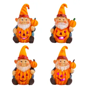 Statua decorativa di gnomo di Halloween con zucca luminosa, ornamento da giardino