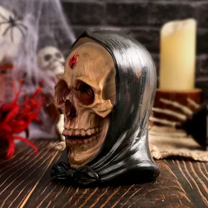 Ornamento Teschio con Cappuccio Halloween Statuetta Scheletro in Resina con Mantello Nero Decorazione Casa Infestata per Festa Tavolo