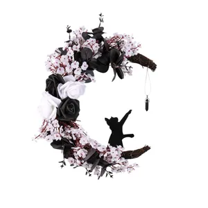 Gothic Halloween moon wreath with black roses and cat silhouette for wall decor
