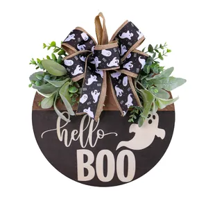 Targa porta in legno per Halloween con motivo a fantasma e scritta decorativa BOO