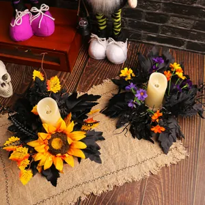 Dekorative Halloween Sonnenblumen Kerzenringe mit schwarzen Blättern für den Tisch