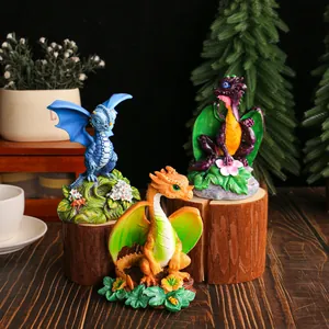 Set of three colorful creative resin dragon figurines for fairy garden and home decor