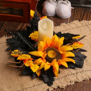 Halloween Sonnenblumen Kerzenkranz Dekoration mit schwarzen Blättern für festlichen Tisch