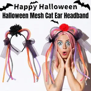 Cerchietto creativo con orecchie di gatto per Halloween con nappe in rete e fiori festa