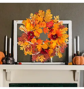 Vibrant autumn wreath with maple leaves and sunflowers on a rustic white window frame