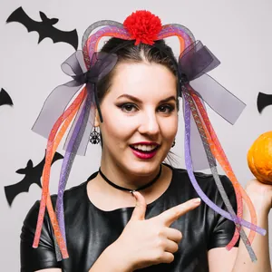 Cerchietto orecchie di gatto Halloween con nastri colorati per travestimento festa