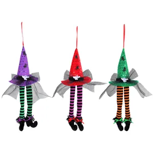 Set di 3 decorazioni da appendere cappello da strega Halloween con lunghe gambe a righe