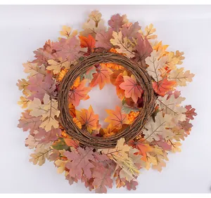 Close-up of autumn maple leaf wreath with natural rattan base for Harvest decor