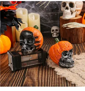Detailed view of scary Halloween skull pumpkin resin ornaments with textured finish