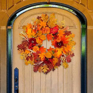 Autumn Maple Leaf Sunflower Wreath Red Orange Artificial Fall Wreath For Front Door Harvest Thanksgiving Decor Hanging Garland