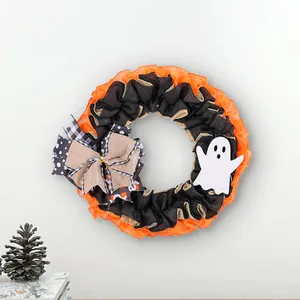 Halloween Ghost Wreath Burlap Mesh Bowknot Door Hanging Decor Vintage Spooky Halloween Props For Home Office Party Supplies