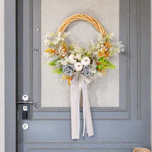 Couronne en Rotin Citrouille Blanche Style Rural Avec Roses en Mousse Plastique Ruban Polyester Décoration de Porte Action de Grâces