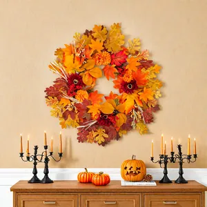 Autumn maple leaf and sunflower wreath for harvest festival wall and door decoration