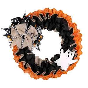 Halloween ghost wreath with orange black burlap ruffles and large bow for door decoration