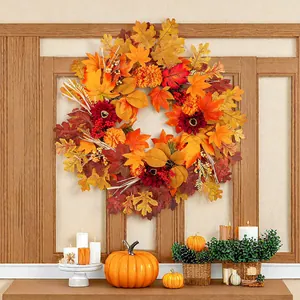 Autumn maple leaf wreath with sunflower accents for harvest festival front door decor