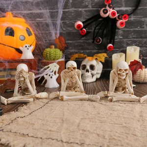 Vintage Distressed Resin Halloween Skeleton Figurine Trio See Hear Speak No Evil Skeleton Bone Statue For Home Desktop Decor