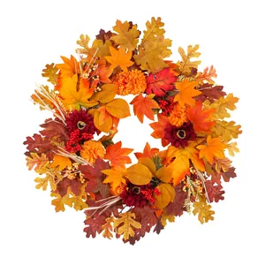 Vibrant autumn maple leaf wreath with red sunflowers and berries for harvest decor.