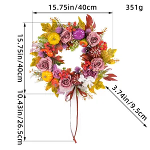 Detailed dimension specs of autumn harvest wreath with roses and pumpkins for home decor