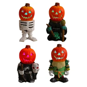 4er-Set Halloween LED Kürbis-Ritter Harzfiguren für gruselige Tischdekoration im Freien