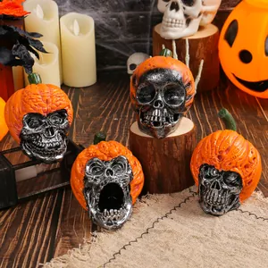 Halloween Resin Skull Pumpkin Head Ornament Horror Skeleton With Pumpkin Hat Figurine Secret Room Party Tabletop Decor
