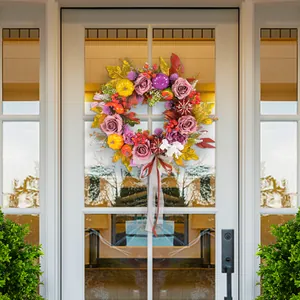 Harvest Festival Rose Pumpkin Wreath Country Farmhouse Front Door Decor Artificial Autumn Maple Leaf Berry Wreath Hanging Decor