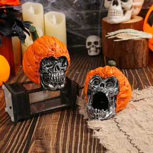 Detailed Halloween resin skull pumpkin ornaments for spooky holiday table decor.