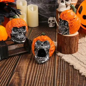 Spooky Halloween resin skull ornaments with pumpkin hats in three different styles for decor.