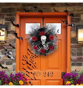 Spooky Halloween skeleton wreath with red roses for haunted house front door decoration