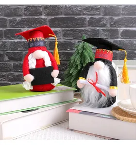 Detailed close-up of handmade graduation gnomes wearing doctoral hats and holding diplomas