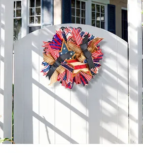 Detailed view of patriotic Independence Day wreath with red, white, blue ribbons