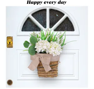 Decorative cream white hydrangea basket wreath for front door hanging, Happy every day