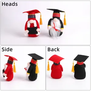 Graduation gnome plush dolls with doctoral hats shown in front, side, and back views