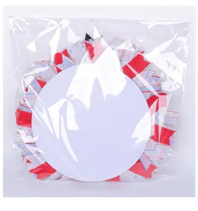 Back view of Patriotic Independence Day ribbon wreath inside clear plastic packaging bag