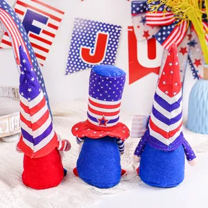 Three patriotic Independence Day gnomes with stars and stripes tall hats on a festive background