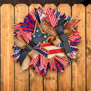 Independence Day Patriotic Wreath American Flag Decorative Door Hanging Wreath Red White Blue Stars Stripes Ribbon Wreath