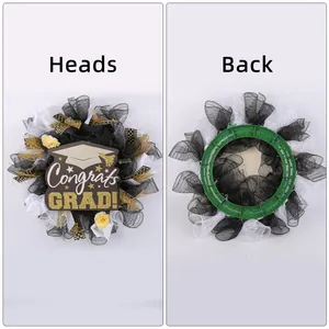 Handmade graduation mesh wreath with Congrats Grad sign showing front and back views