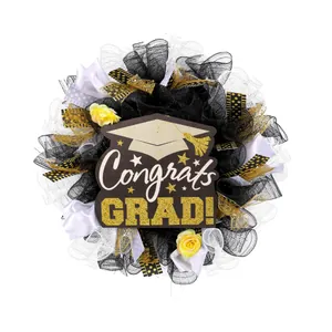Graduation Mesh Wreath with Congrats Grad Doctoral Cap Sign for Door Decoration