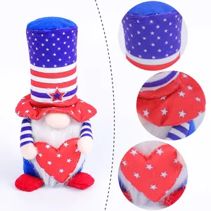 Patriotic Independence Day gnome plush doll with American flag hat and red star heart motif