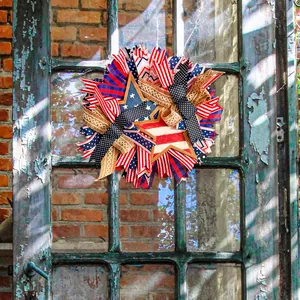 Festive patriotic Independence Day wreath with wooden star sign for home door decoration.