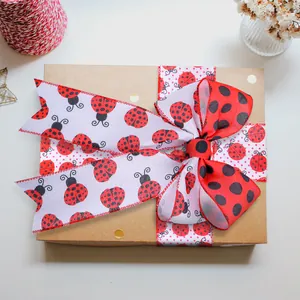 Red and black ladybug pattern decorative ribbon tied in a bow on a kraft paper gift box