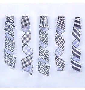 Set of five decorative ribbons featuring leopard, gingham, zebra, checkered, and striped patterns.