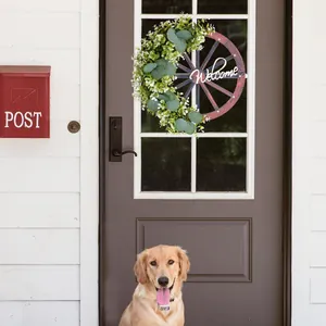 Couronne de Roue de Chariot de Printemps Panneau Welcome Verdure Artificielle Déco Porte Ferme Bois Plastique pour Maison