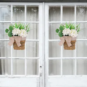 Elegant white hydrangea hanging flower baskets with burlap bows for home door decor