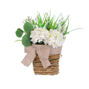 Decorative white hydrangea flower basket with burlap bow for wall hanging spring home decor