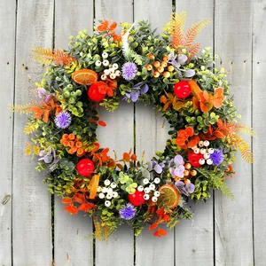 Vibrant Eucalyptus summer wreath with artificial fruits and flowers for door decor